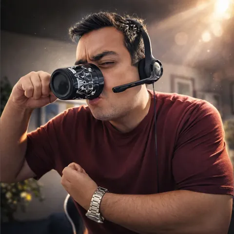 Teacher Fábio, de headset, tomando café numa caneca