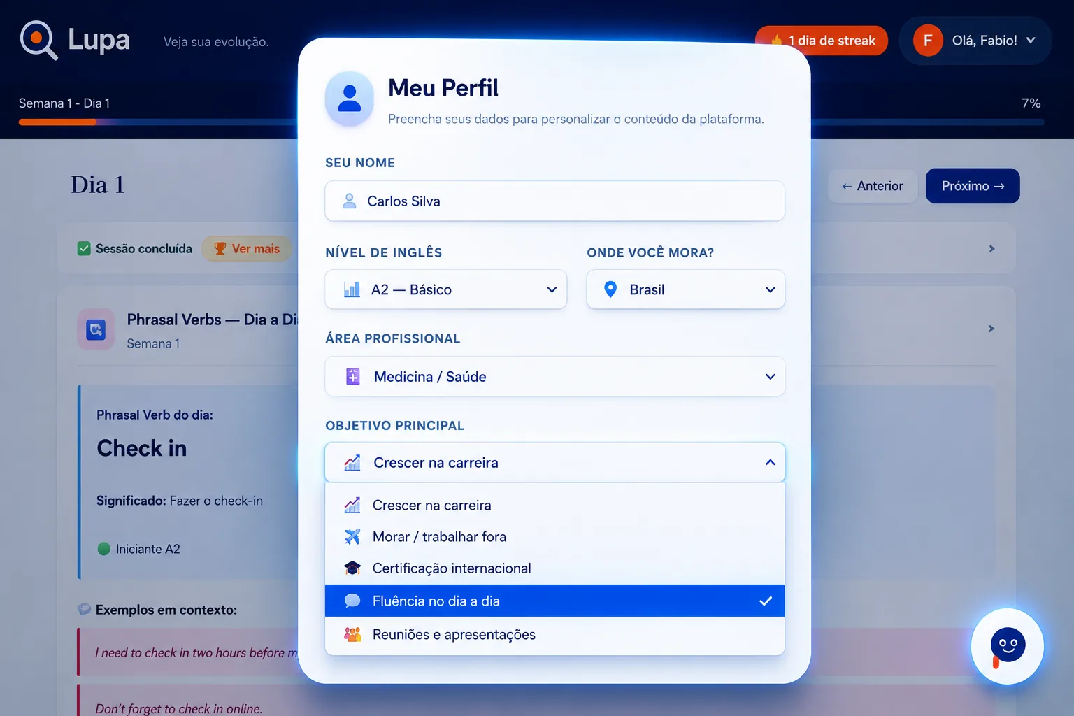 Tela da Lupa: perfil com nível, profissão e objetivo