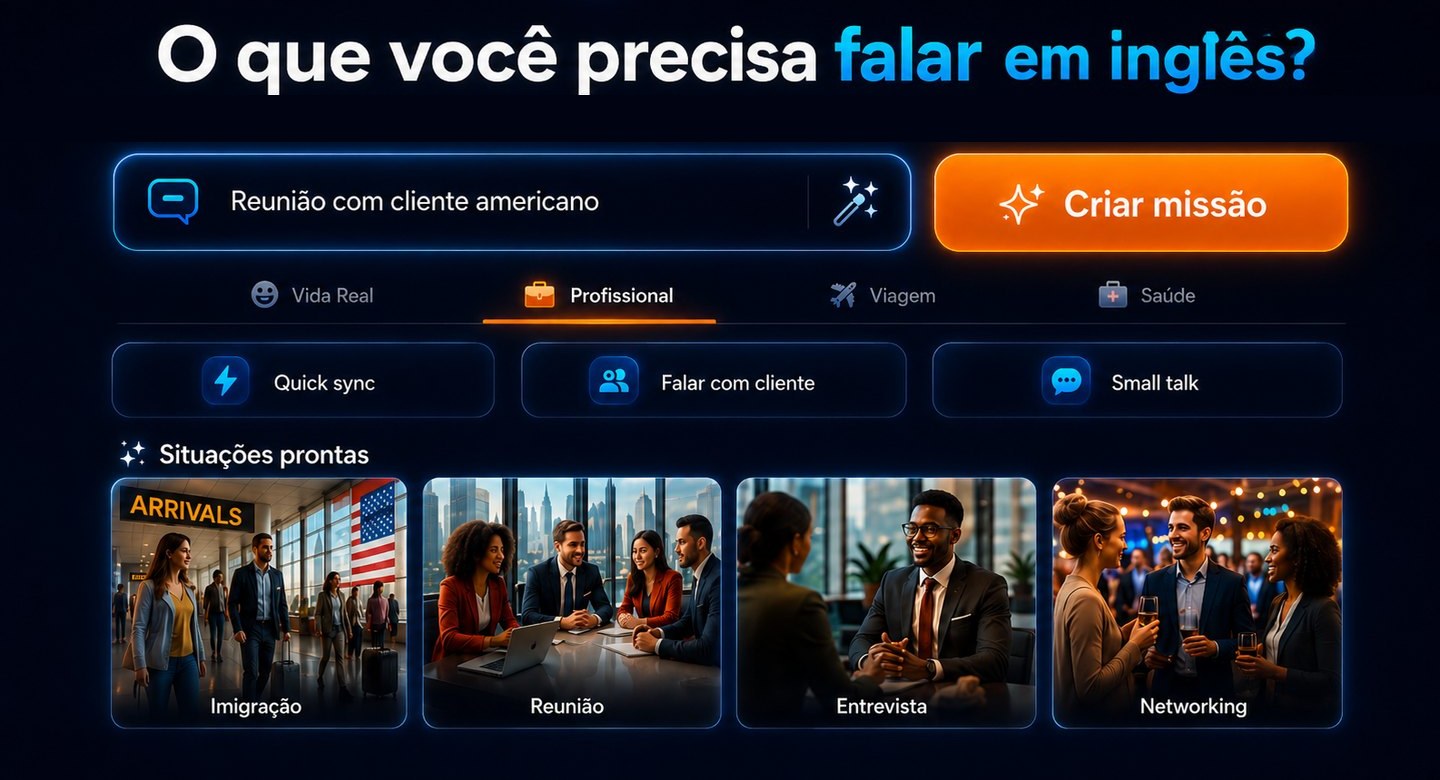 Tela das Missões: campo para descrever a situação, botão Criar missão e categorias Vida Real, Profissional, Viagem e Saúde
